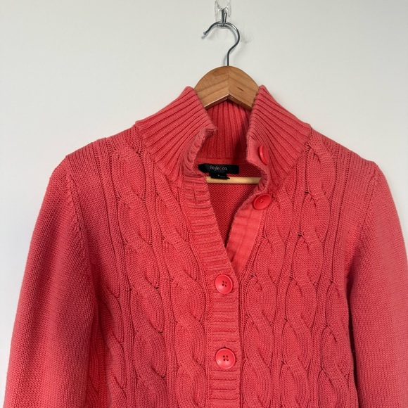 Vintage VTG Style & Co Coral Cable Knit Tie Waist Button Up Cardigan Sweater - Picture 7 of 15